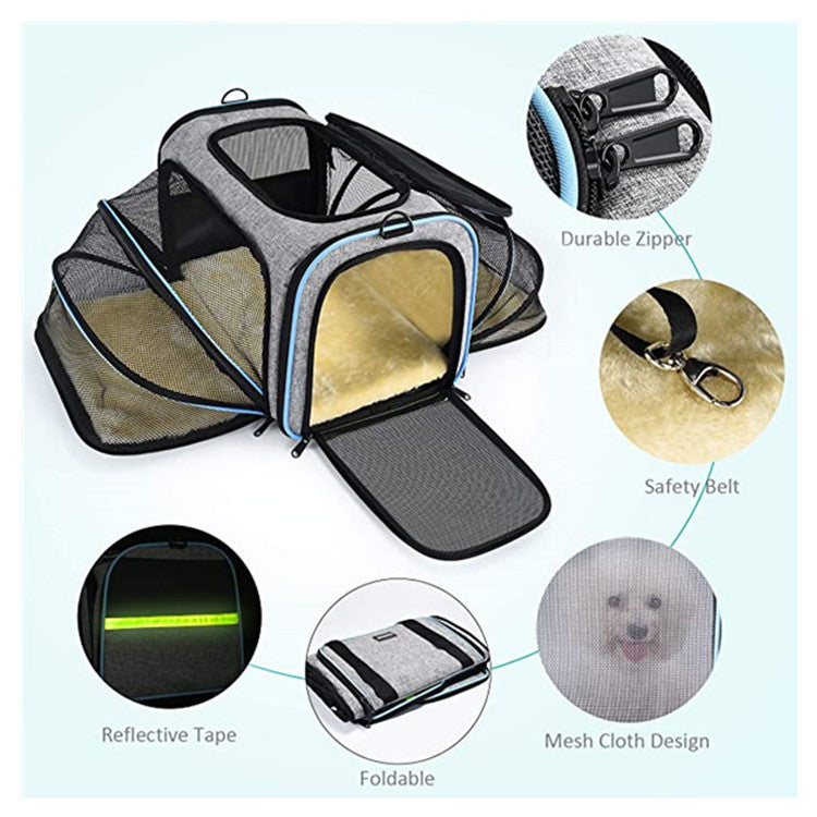 "Airline-Approved Expandable Cat & Small Dog Carrier – Foldable Soft-Sided Travel Bag with Reflective Strips & Multiple Openings